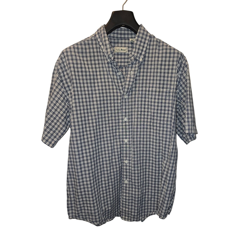 LL Bean Mens Large Blue White Check Short Sleeve Button Down Shirt 0GB02 Cotton